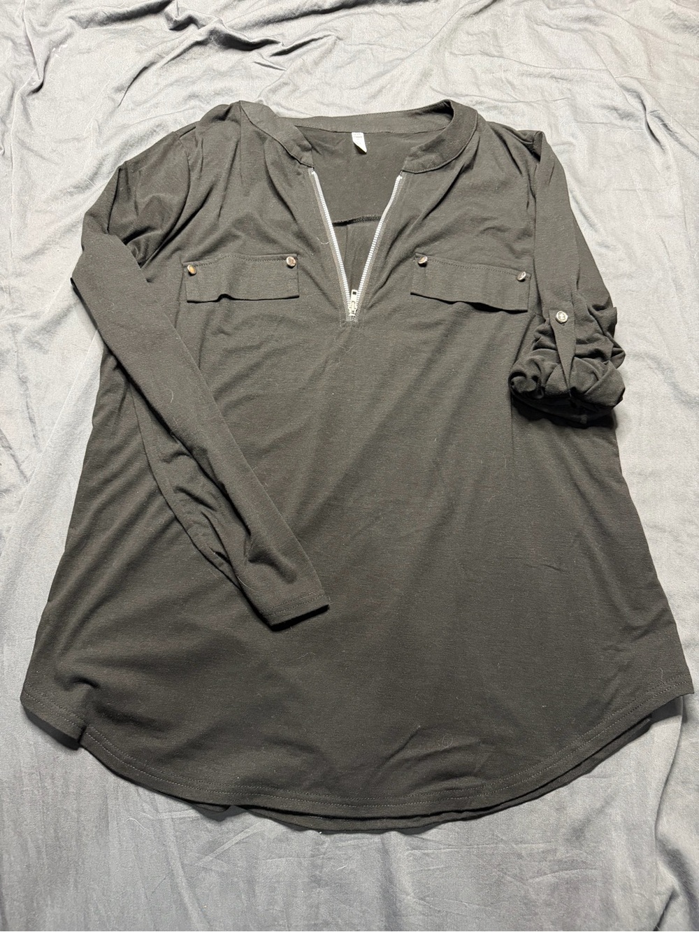 Women's Black Zip-Neck Long Sleeve Blouse with Chest Pockets